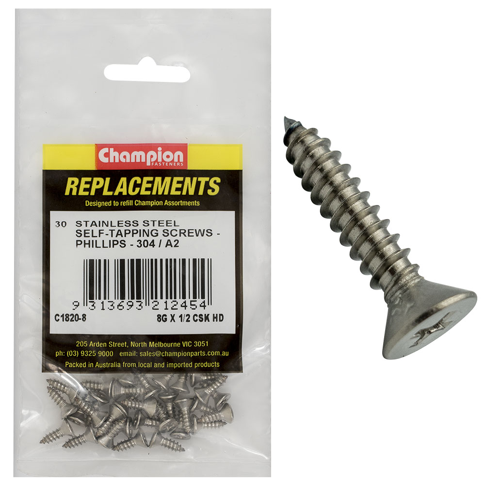 Champion 8G x 1/2 S/Tappg Screw Csk Hd Phillips 304/A2 -30pk
