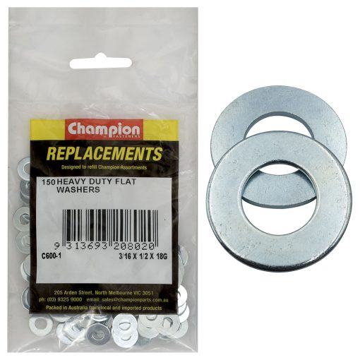 Champion 3/16in x 1/2in x 18G H/Duty Flat Steel Washer-150pk
