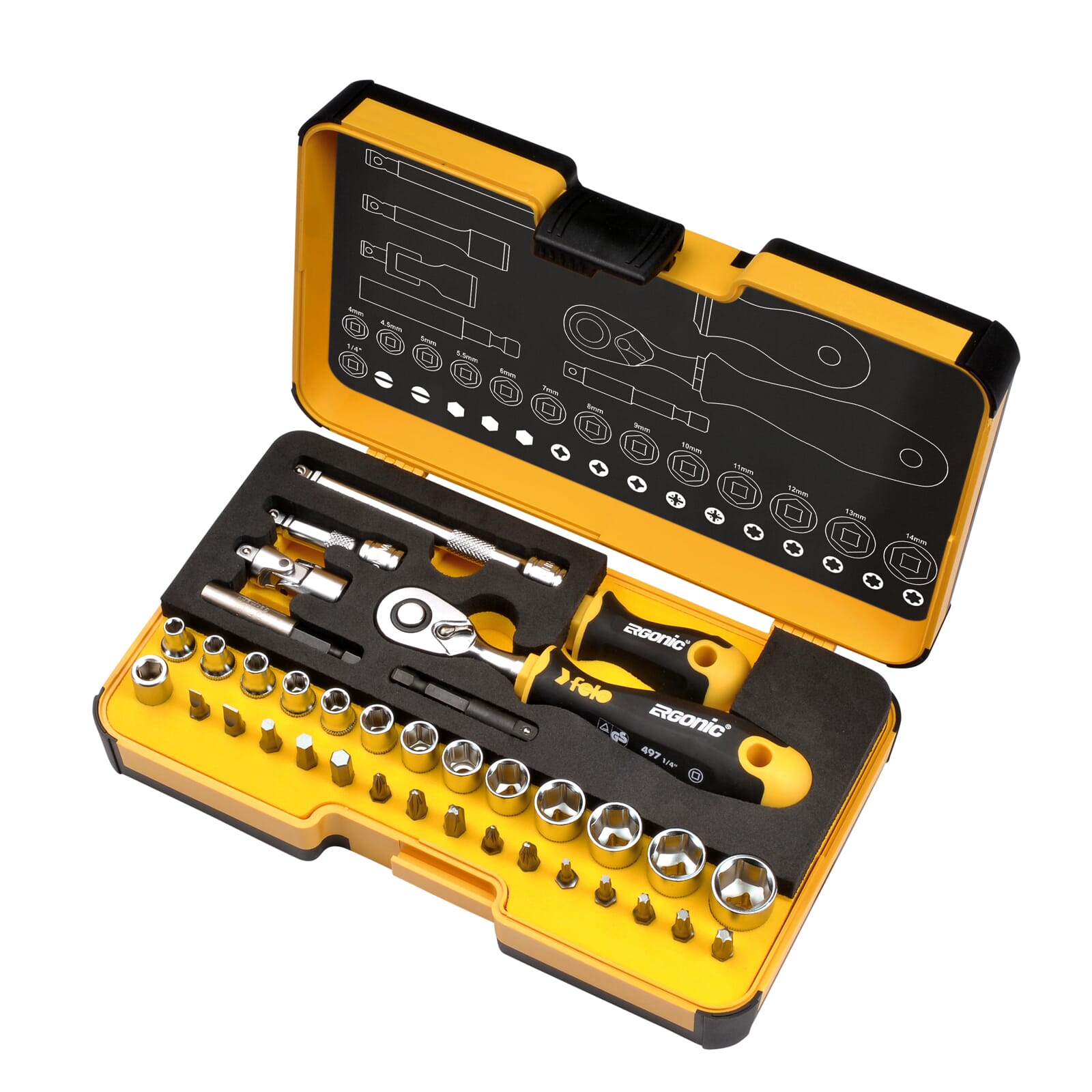 Felo 057 R-GO XL Ergonic Socket & Bit Set 1/4"Dr 36pc