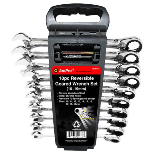 AmPro Reversible Geared Wrench Set Mirror Finish 72 Tooth 10pc 10-19mm